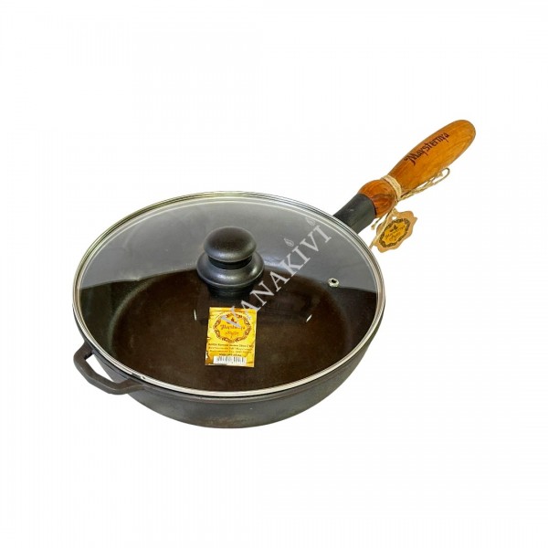 Cast iron pan MAYSTERNYA 26x6cm, with wooden handle and glass lid Cast iron pan MAYSTERNYA 26x6cm, with wooden handle and glass lid